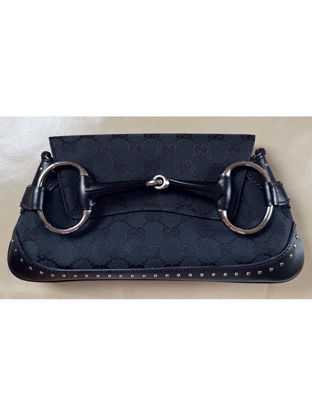 Authentic Gucci Tom Ford Horsebit Black Canvas Studs Leather Chain Clutch, COA